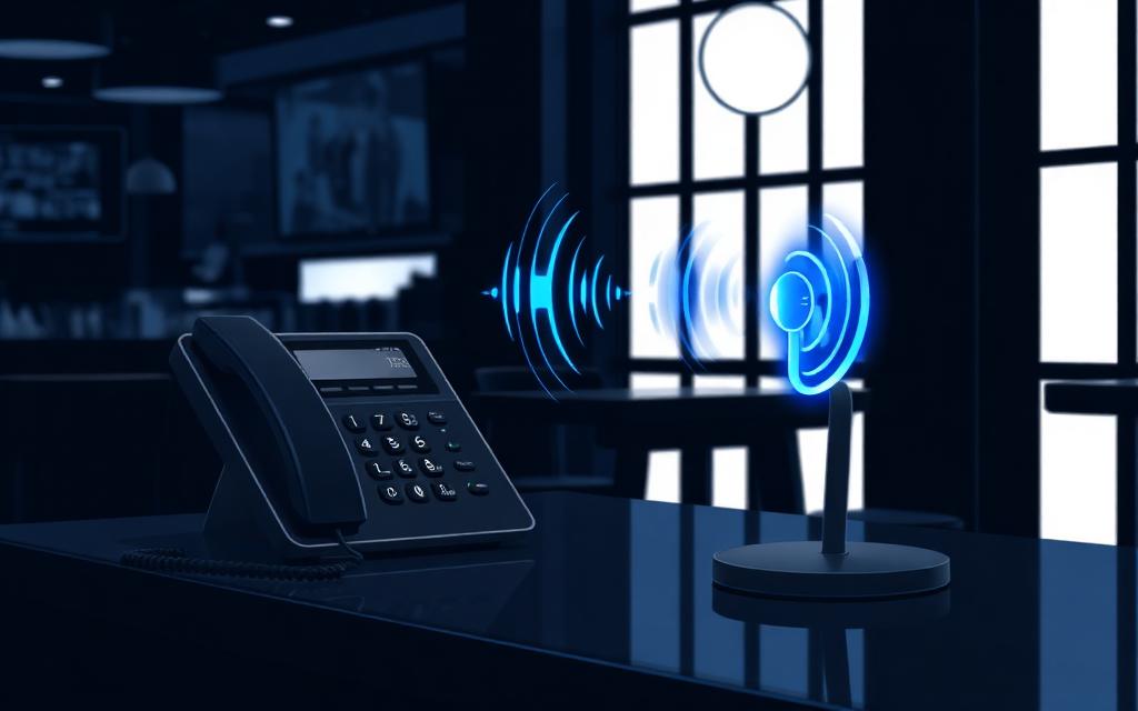 Teléfono del restaurante sonando y un recepcionista por voz con IA atendiendo la llamada